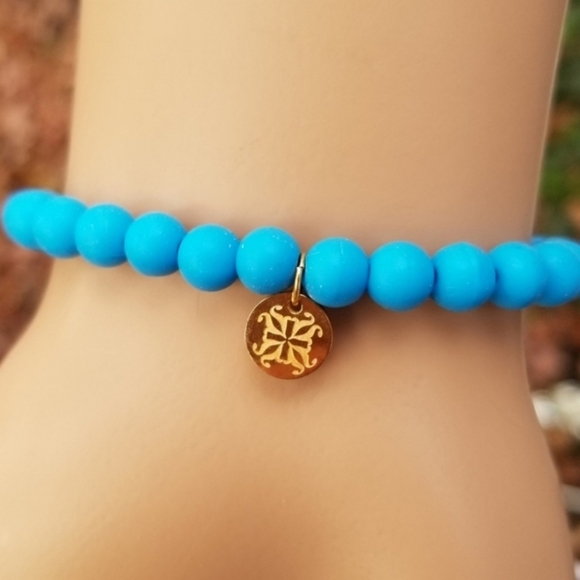 RUSTIC CUFF BLUE & GOLD STRETCH BEADED BRACELET - Picture 5 of 7